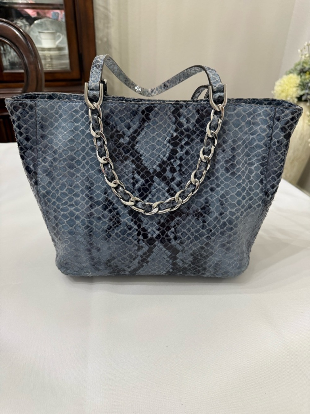 Michael Kors Gray-Blue Snake-Print Tote with Chain Handles - Picture 2 of 6